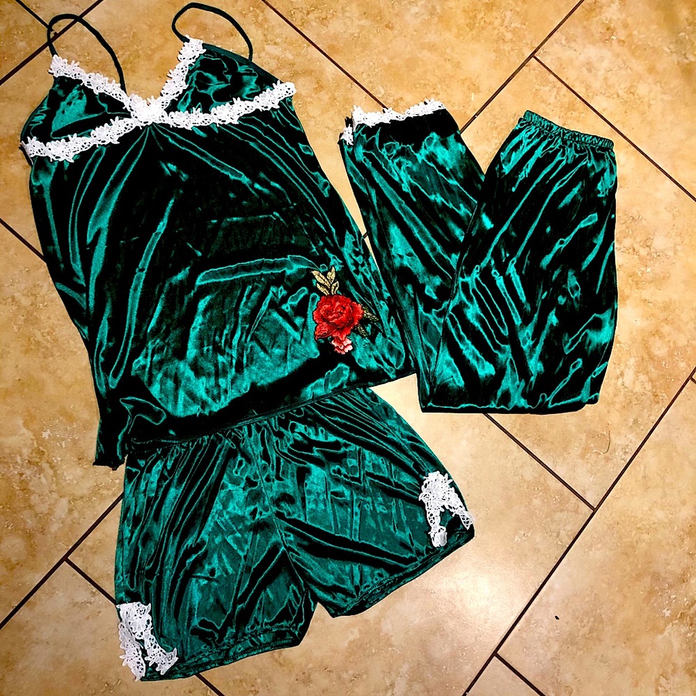 Three piece silk embroidered pajama set